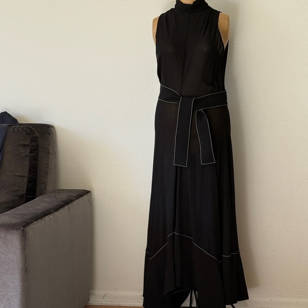 Proenza Schouler Black Maxi Dress with Contrast White Stitching and Waist Tie